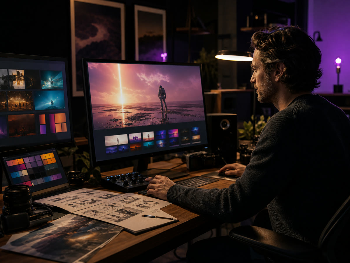 Creative director assembling a film from generated scenes in a calm studio workspace